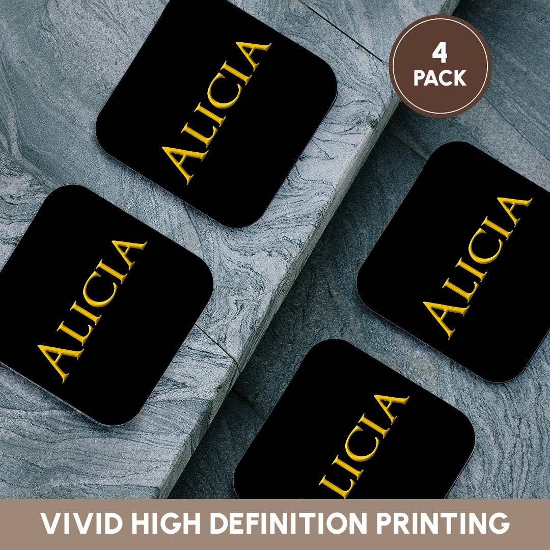 3dRose - Wholesale Coasters - 3dRose, Alicia attractive female name in the USA. Yellow on black talisman, Coaster12