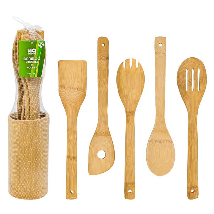 MQ Trends Bamboo Utensils With Holder 5 Piece Set for wholesale by Deluxe Import Trading