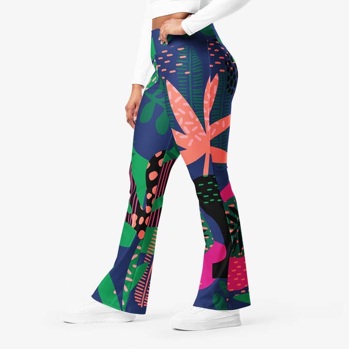 Loony Legs - Wholesale Athletic/Lounge Leggings - Women's - Recycled Flare leggings "Floral Funk" (Blue, Green, Coral)1