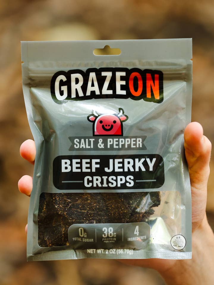 GrazeOn Salt and Pepper Beef Jerky Crisps- High Protein, No Sugar, Crunchy Air-Dried Meat Snack, All-Natural - 2.0 oz for wholesale by GrazeOn