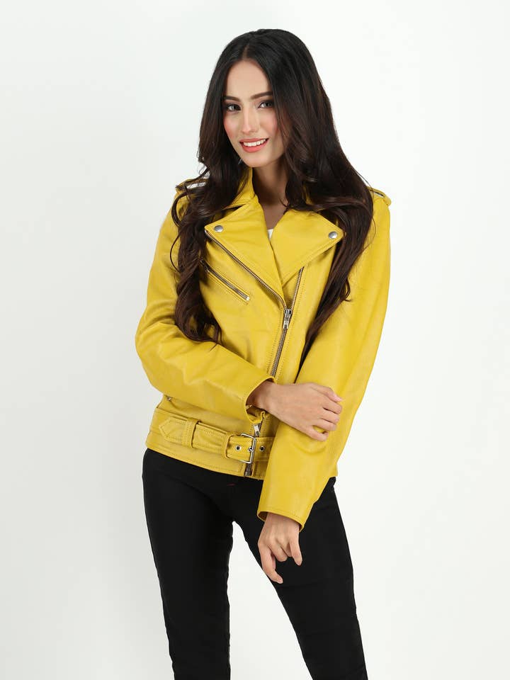Giallo Giacca in pelle di vacchetta da donna Moto Style in vendita all'ingrosso su Faire