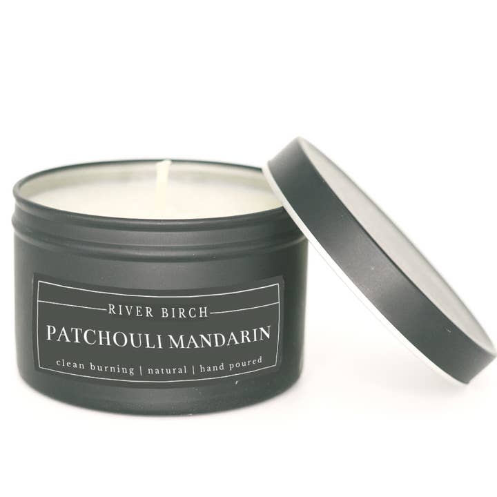 8 once Patchouli Mandarin - Candela di soia in latta nera per la vendita all'ingrosso da parte di River Birch Candles