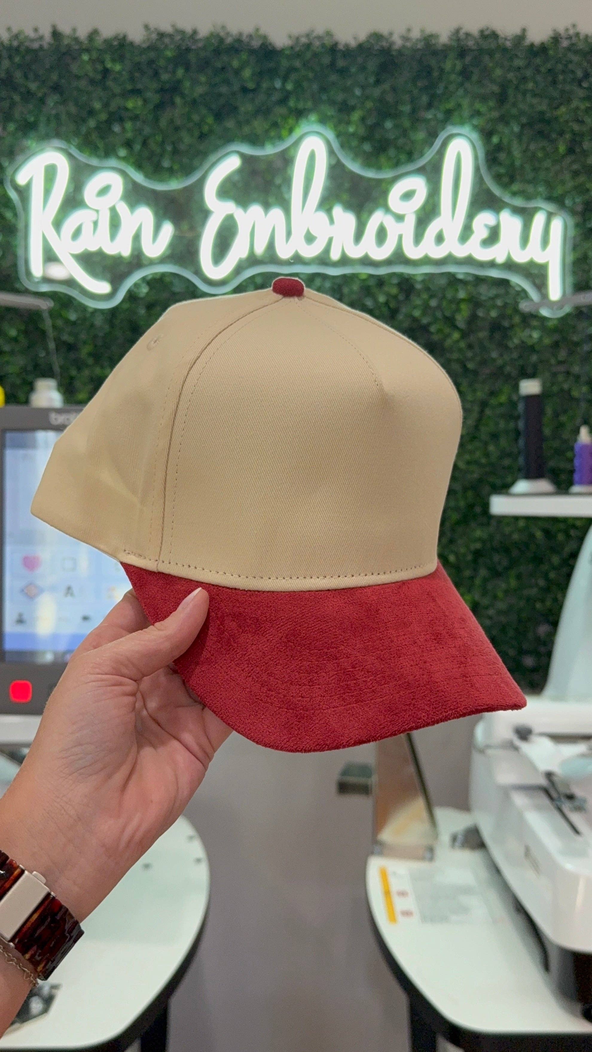 Rain Embroidery - Wholesale Trucker Hat - Unisex - Red Suede Trucker Hat (blank)4
