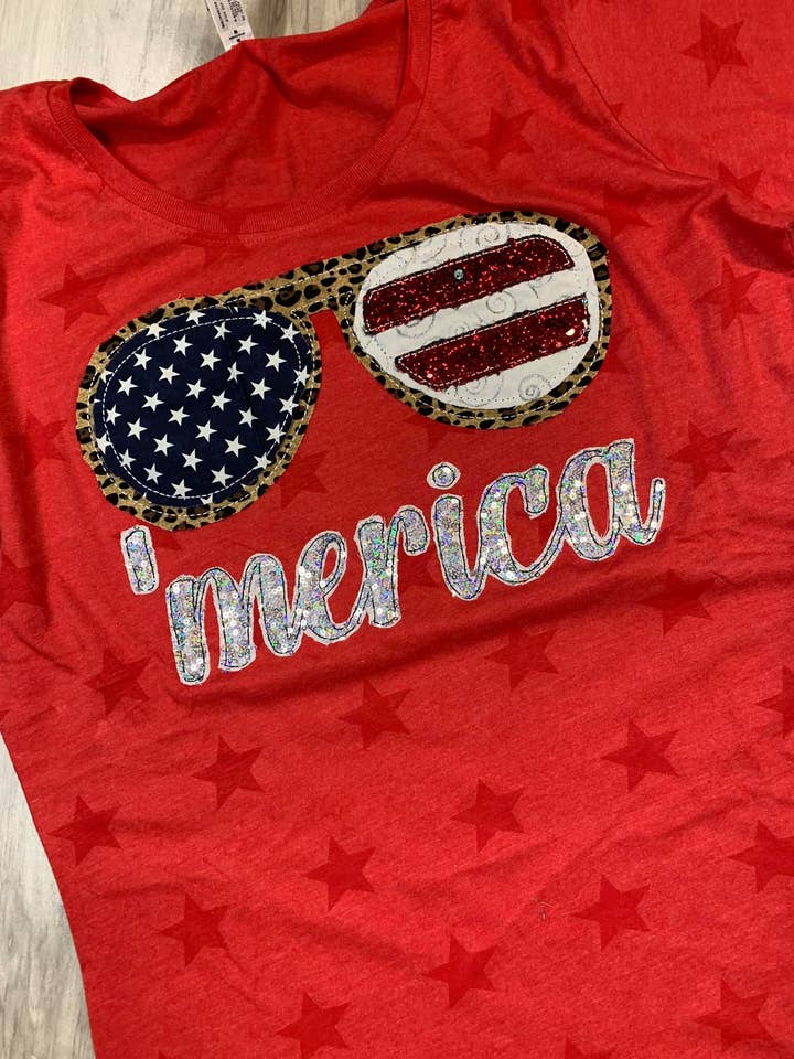 Sunglasses 'MERICA on stars shirt for wholesale by Sew Fancy Designs