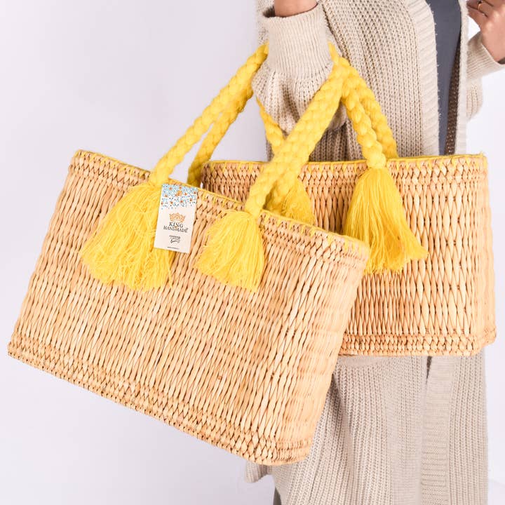 King Of Handmade - Wholesale Beach Bag - Handmade Straw Tote with Braided Yellow Handles - Party Bag