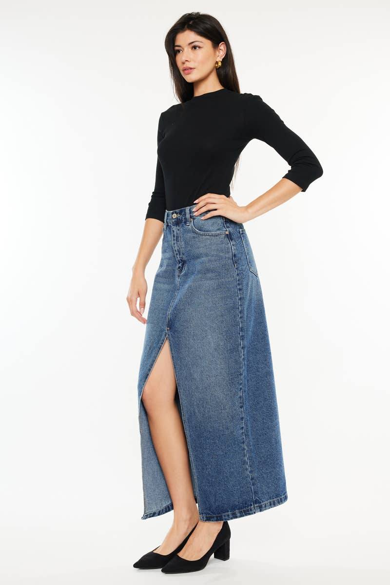 GEMIDDELDE 90's denim maxi-rok met middennaad en ritssluiting voor groothandel op Faire3