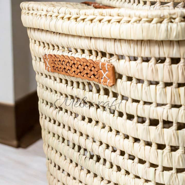 Melecraft – wholesale Basket – Leather-Handled Wicker Storage Basket, Artisan-Made4