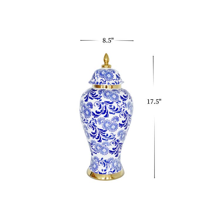 Amazing Rugs - Wholesale Decorative Jar - White Ceramic Ginger Jar Vase with Blue & Gold Accents