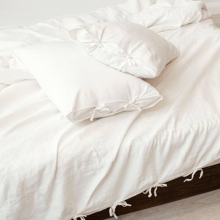 LinenQ - Wholesale Sheet set - White linen bedding:Fitted sheet,Flat sheet,Pillowcase,SET4