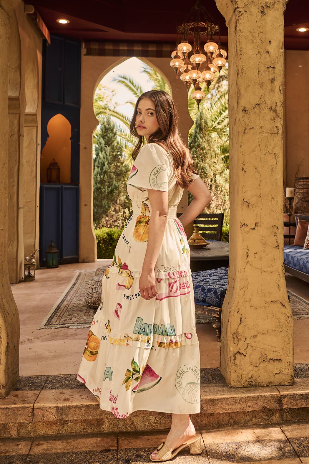 Elfenbein Multi Zahra Island Palmer Poplin Stufen-Maxikleid für den Großhandel auf Faire3