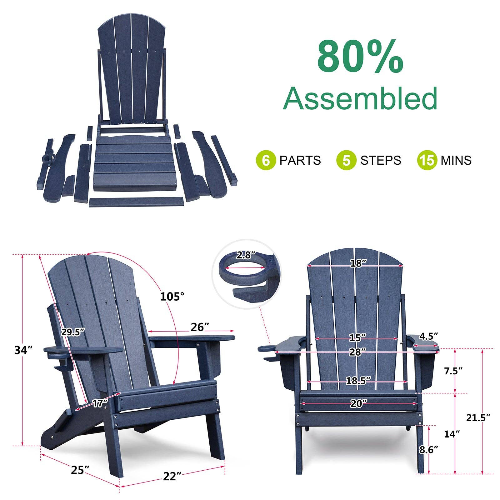 Hard Rock Health Stores - Wholesale Adirondack Chair - Folding Adirondack Chair Weather Resistant, Outdoor HDPE Lawn Chair9