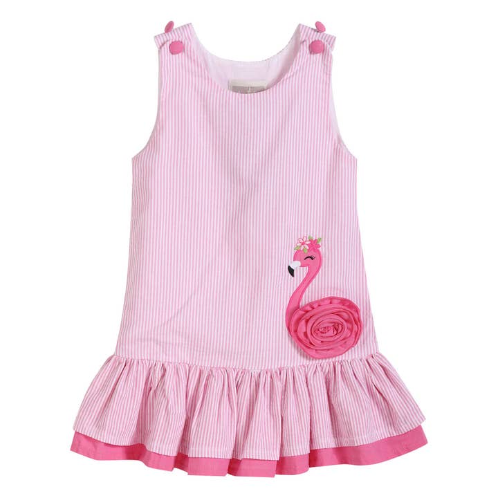 Lil Cactus - Wholesale Dress - Kids - Pink Seersucker Flamingo Ruffle Dress