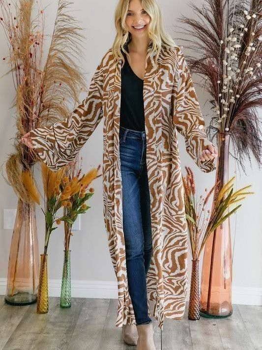 ZEBRA PRINT KIMONO SLEEVE MAXI OPEN CARDIGAN for wholesale by Hers & Mine