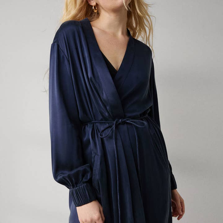 Deep Blue Washable Silk Long Robe for wholesale on Faire2