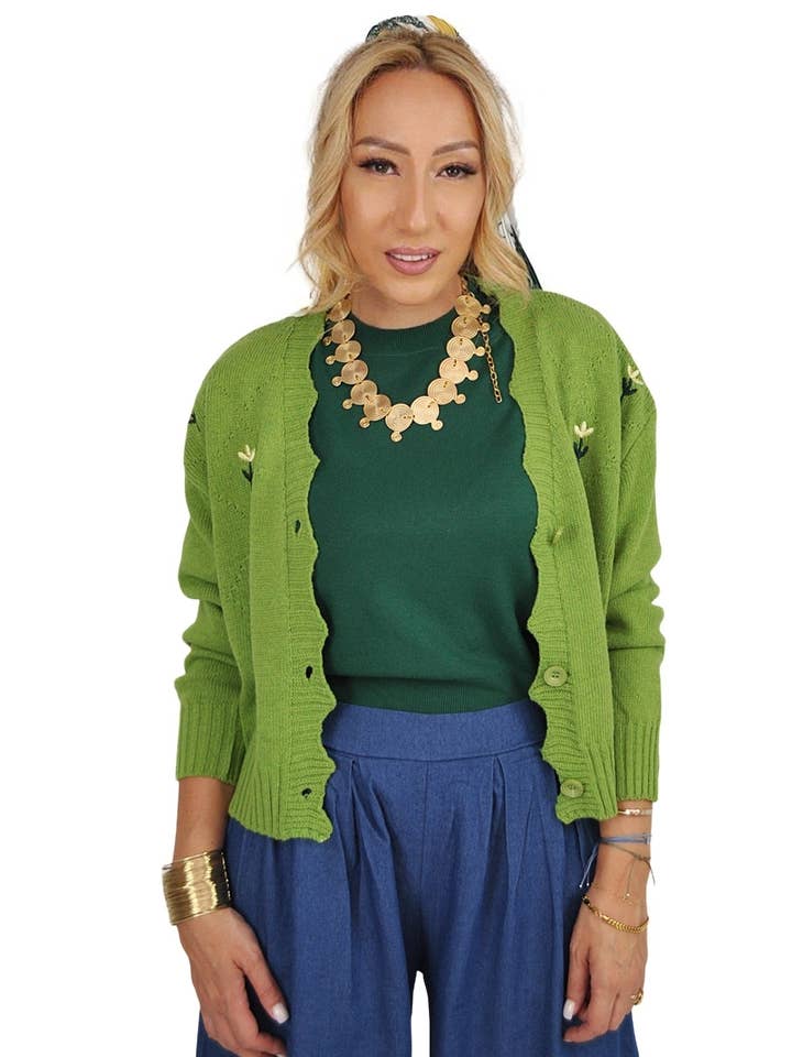 Grüner Strickcardigan mit Blumenmuster für den Großhandel von Kalimera Clothing Athens