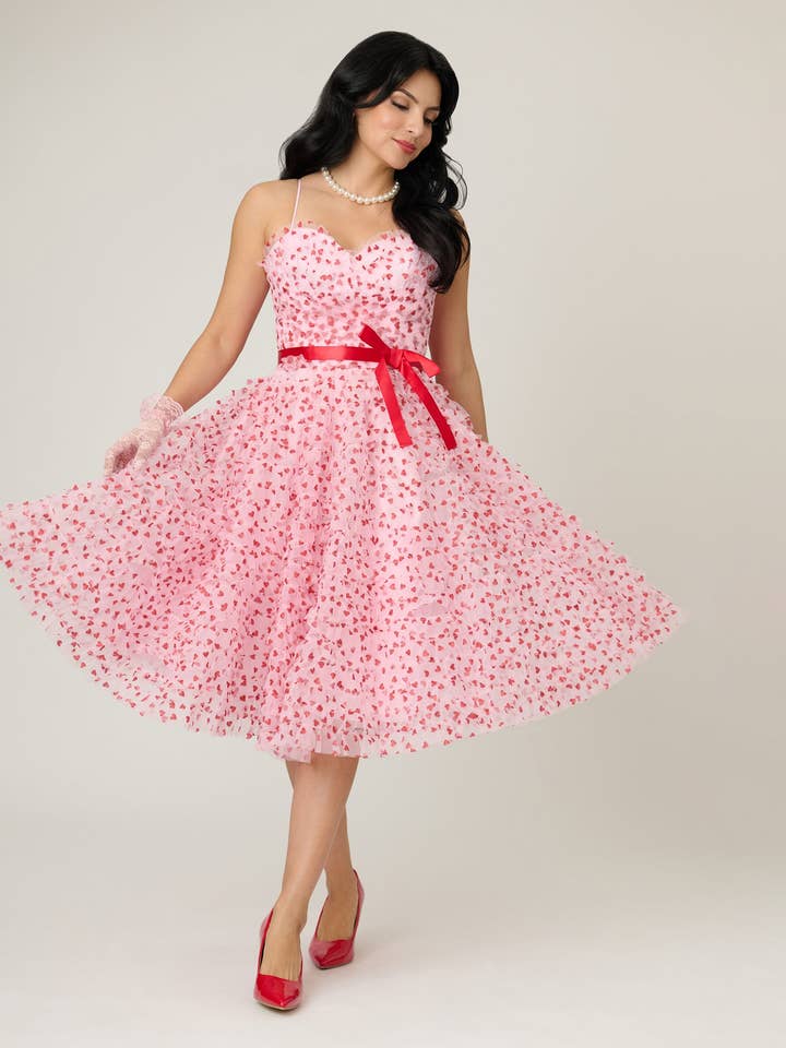 Unique Vintage Pink & Red Glitter Heart Tulle Cupcake Swing Dress for wholesale by Unique Vintage