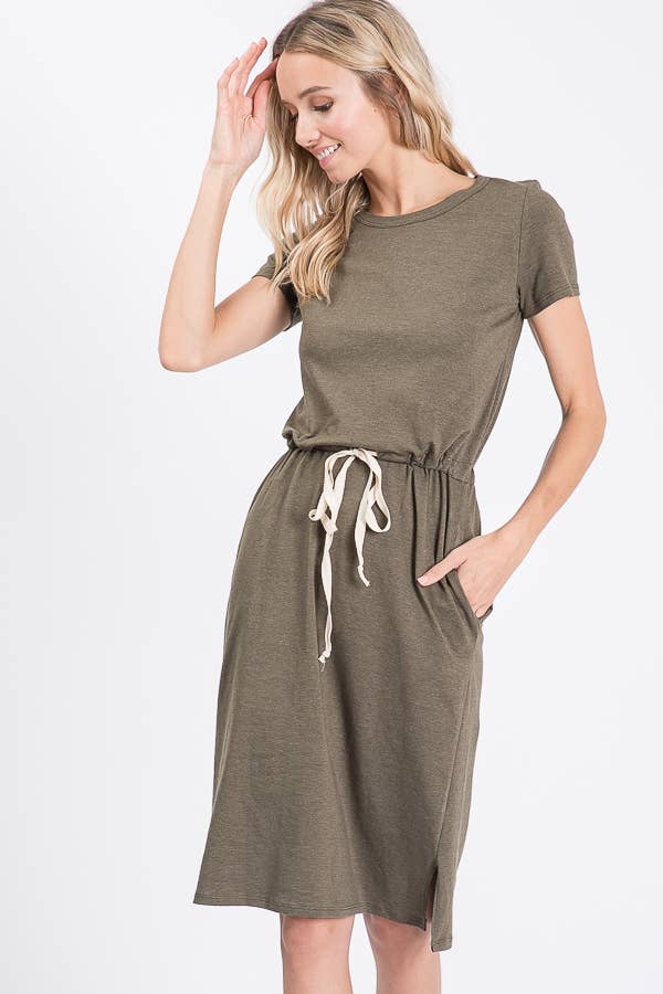 7th Ray - Vente Robe – femme - Robe T-shirt à cordon de serrage à la taille avec poches latérales D24657