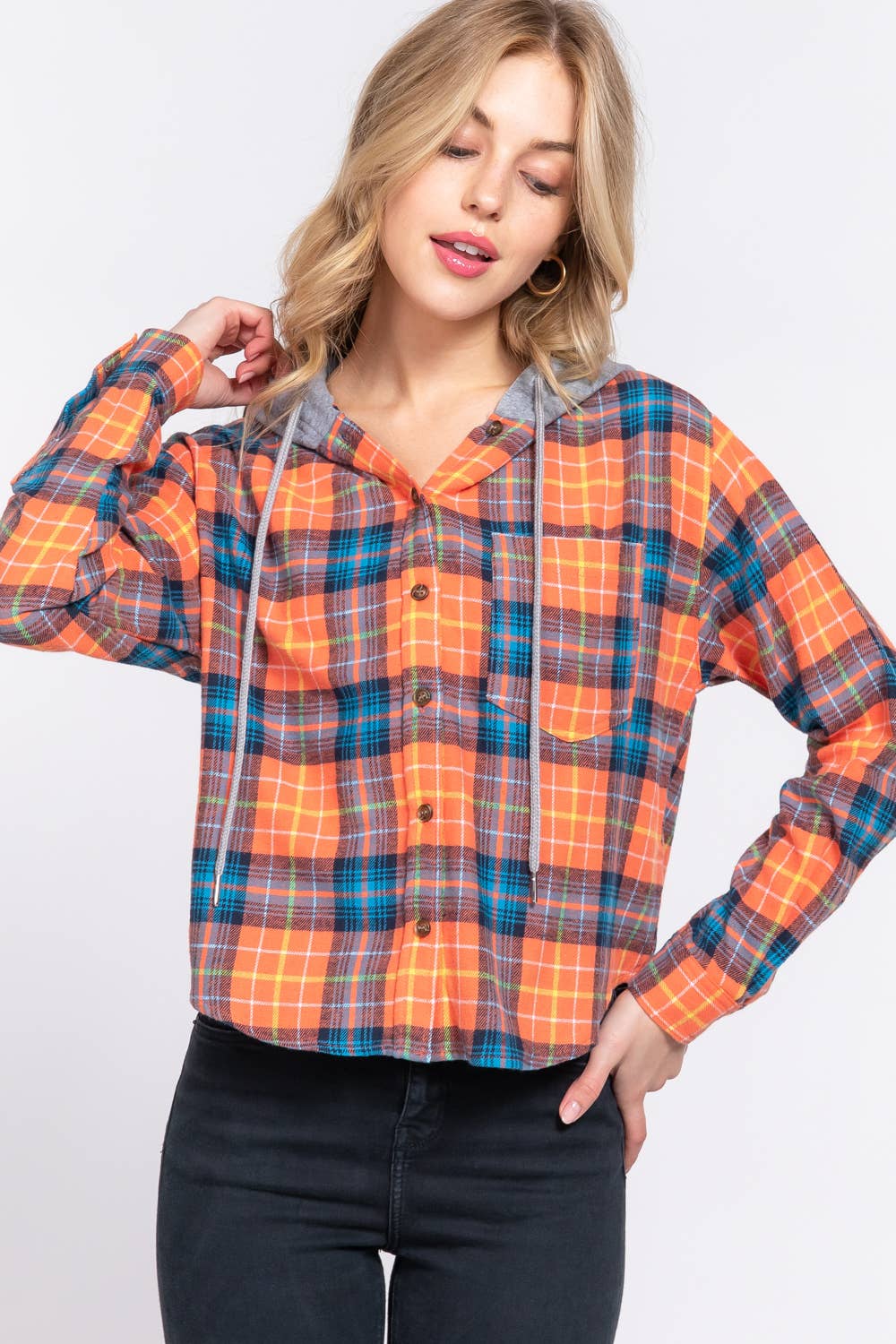 42POPS - Wholesale Shirt - Women's - .1008 Slim Fit Long Slv Hoodie Plaid Shirt SI-247722