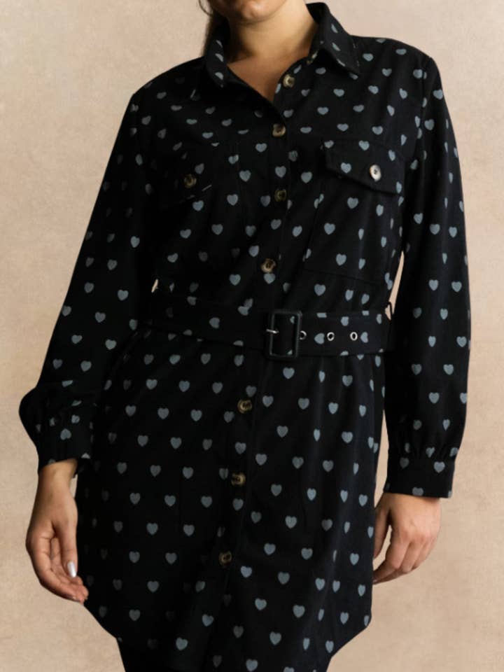 Stephanie Heart Print Tunic Shirt Long Sleeve Button Down Belted for wholesale by ANNICK