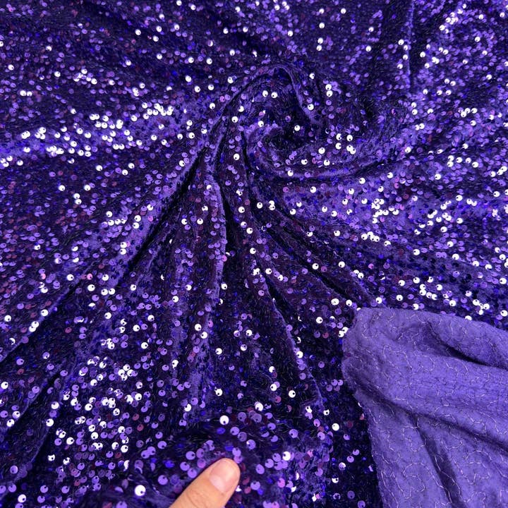 Violet Sequins on Stretch Velvet Fabric, Luxury Violet Sequined Fabric by the yard for Dresses Gowns, Bows, Dance Wear, 2 Way Stretch Velvet for wholesale by GalaTextile