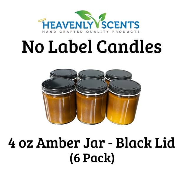 4oz Amber Jar Soy Candles - Black Lid - 6 Pack No Label for wholesale by Heavenly Scents