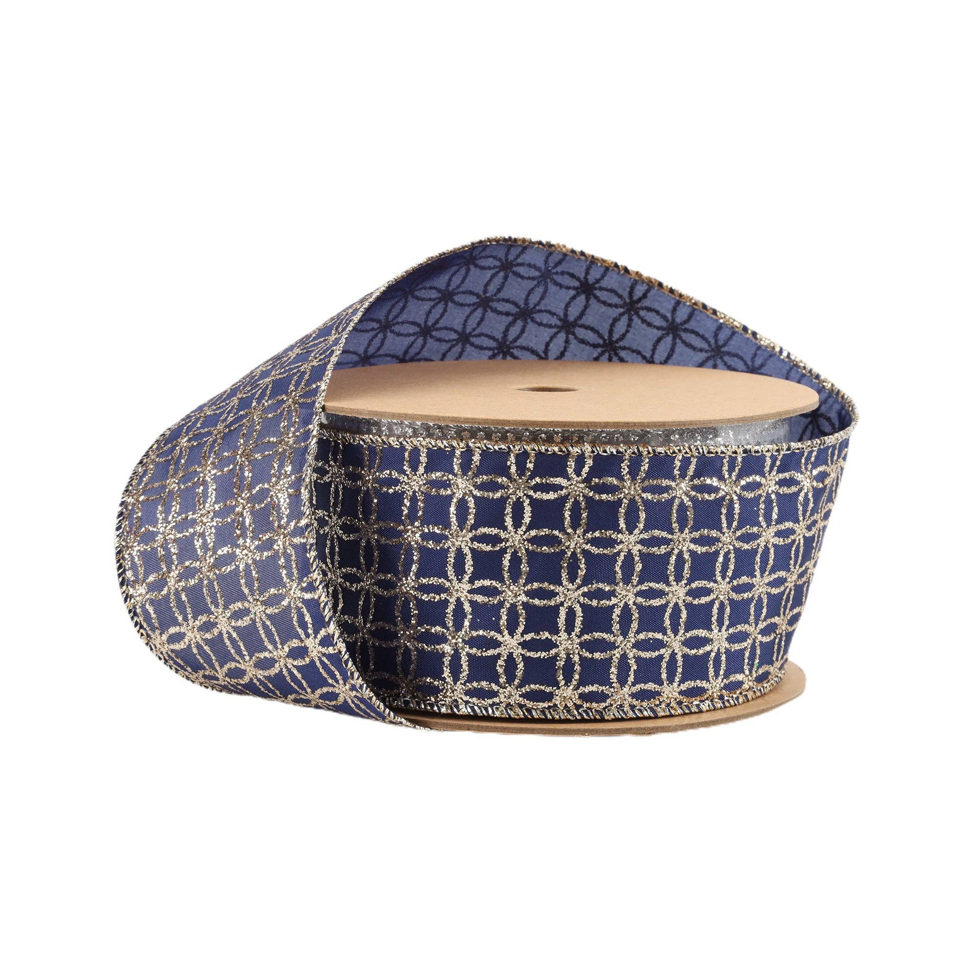 LA Ribbons Wholesale – Engroshandel Bånd – 2 1/2" Trådbånd | Guldcirkel på Mørkeblå | 10 Yard Rulle