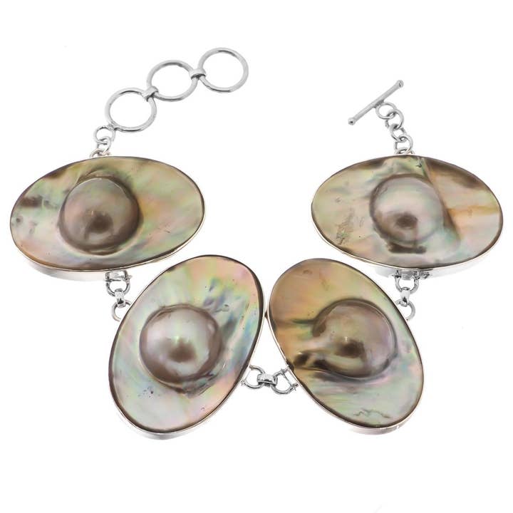 925 silver fet 4-länk mabe-blisterpärla i skal sterlingarmband, 7,5" för wholesale av FifiRose