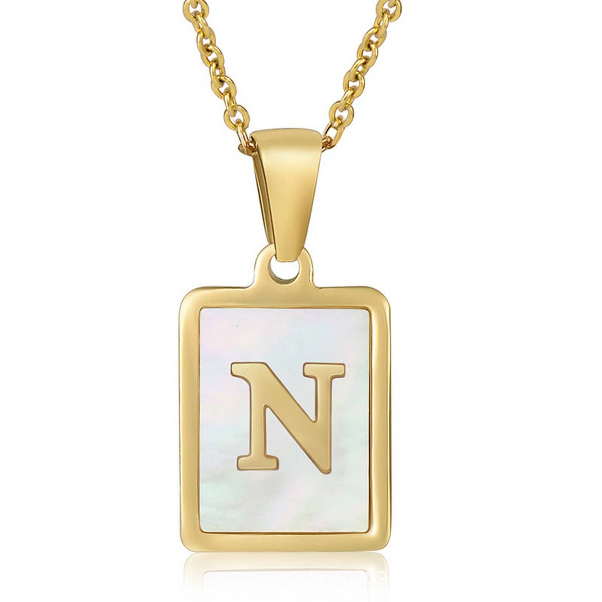 NINEXIS - Wholesale Pendant/Charm Necklace - CWAJE1917_Square Stainless Steel White Shell Letter Necklace14