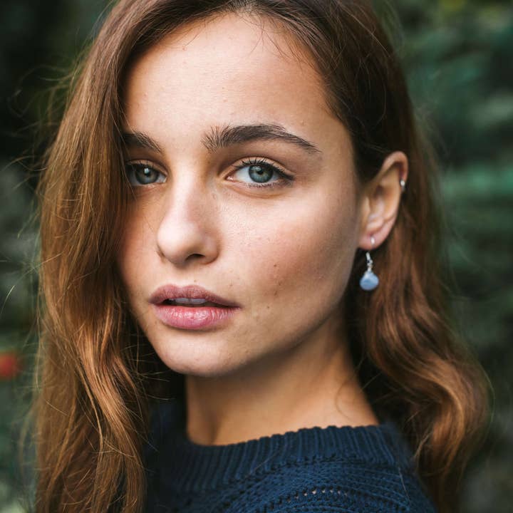 Blue Lace Agate Gemstone Teardrop Dangle Earrings for wholesale by Luna Tide