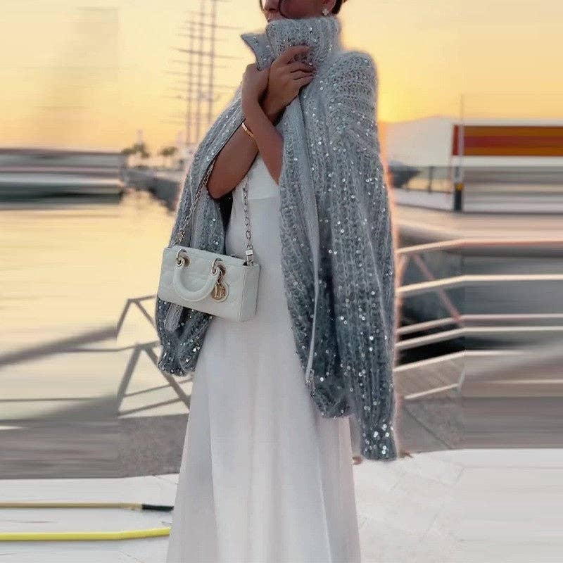 UZ Wholesale Store – Engroshandel Cardigan - Dame – Overdimensioneret sweater med skinnende lynlås og stativkrave4