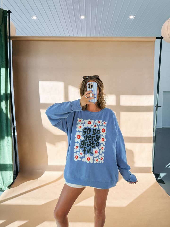 so very grateful sweatshirt- comfort wash / denim for wholesale by ETTA & EAST