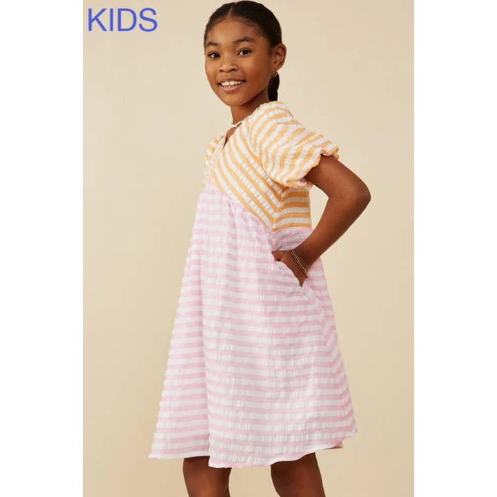 PINK Girls Color Blocked Mixed Seersucker Stripe Dress for wholesale on Faire