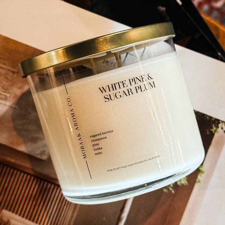 White Pine + Sugar Plum Candles for wholesale by Mobaak Aroma Co.