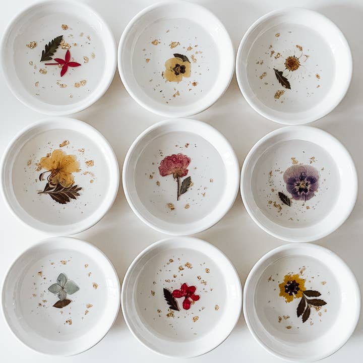 West Creek Mercantile - Wholesale Jewelry Dish - Pressed Flower & Botanical Ceramic Trinket Dish (Assorted)