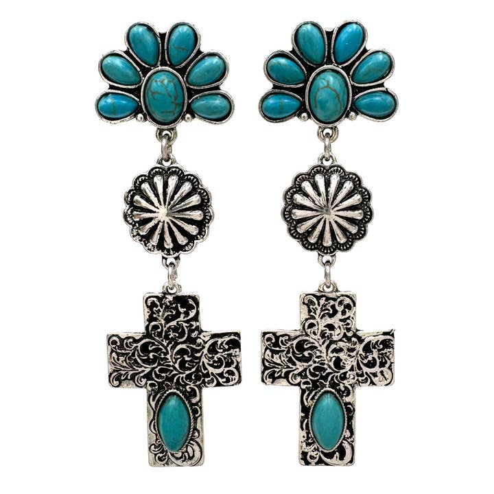 Western Cross Turquoise Navajo Three Charm Dangle Earrings for wholesale by Lunar Deer