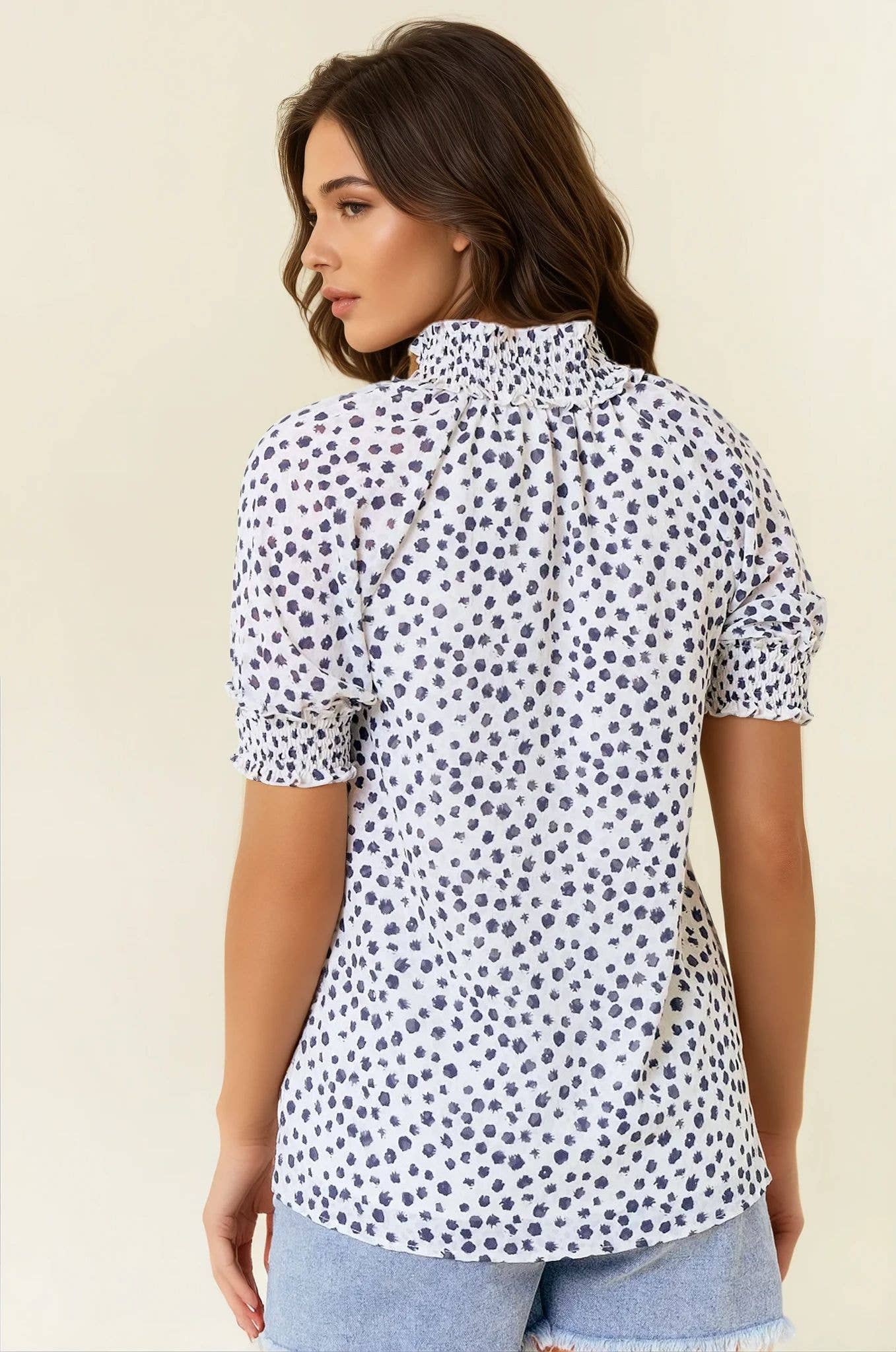 Black JACQUARD DOT PRINT SHORT SLEEVE BLOUSE - 44497T for wholesale on Faire3