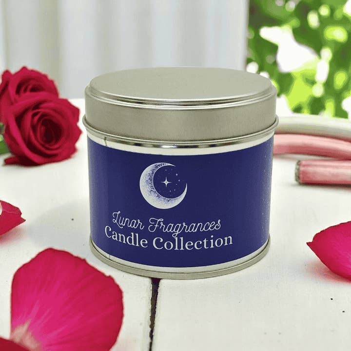 Rhubarb & Rose Soy Wax Tin Candle for wholesale by Lunar Fragrances