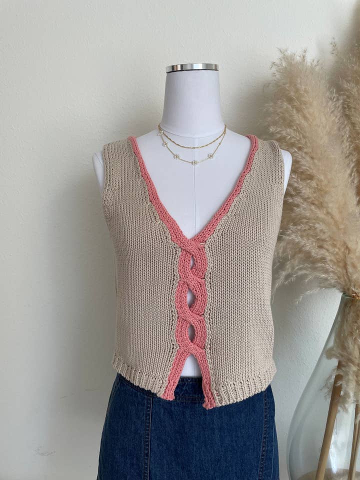 V NECK VEST SWEATER TOP BRAID DETAIL for wholesale by ACOA COLLECTION