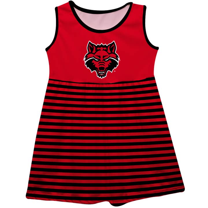 Arkansas State Red Wolves Red Sleeveless Tank Dress With Black Striped for wholesale by Vive La Fete
