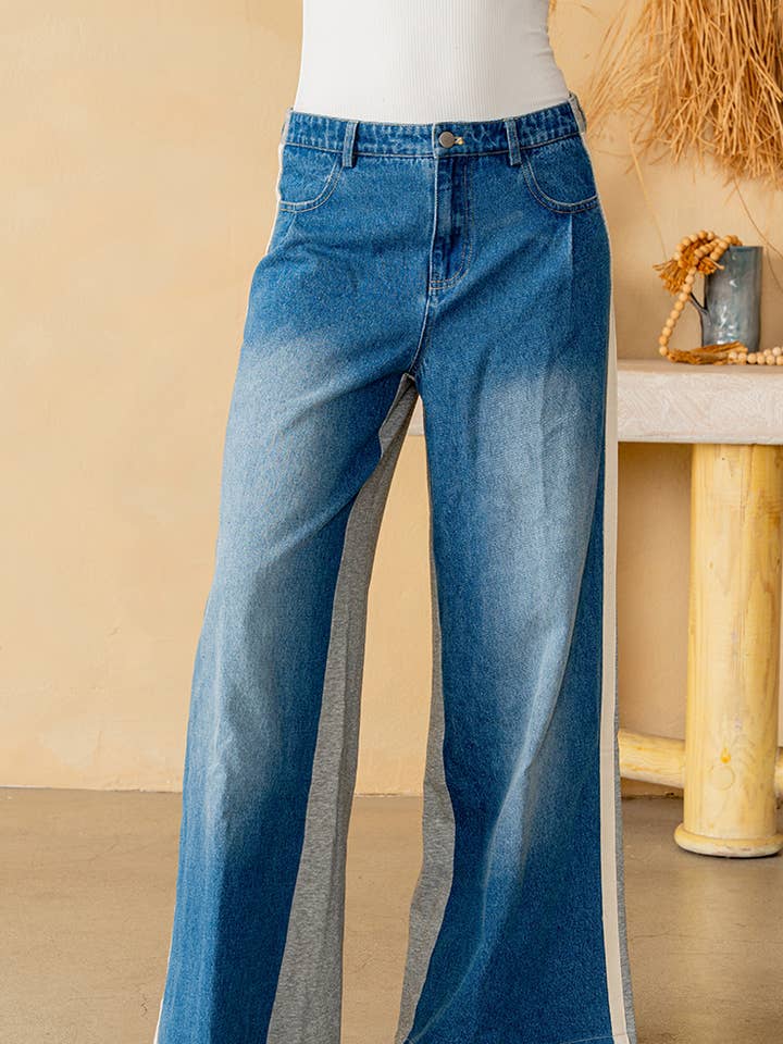 Wide Leg Mixed Fabrics Denim Pants for wholesale by Sew In Love