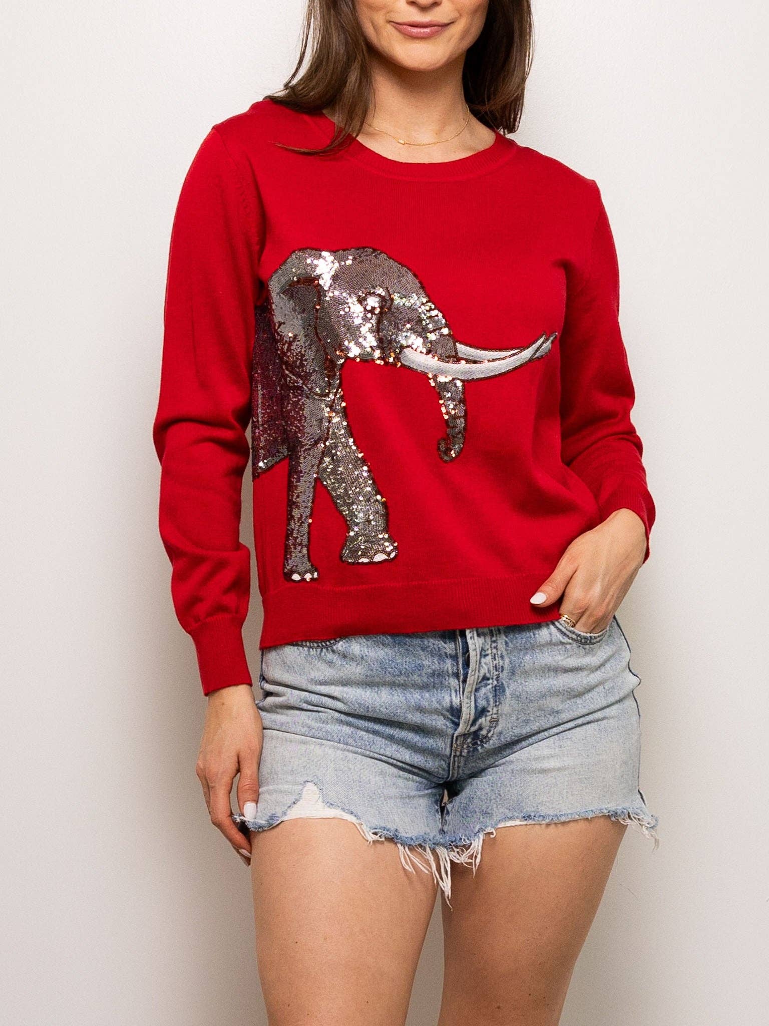 Sparkle City - Vendita all'ingrosso Maglione tricot - Donna - Maglione avvolgente a forma di elefante cremisi0