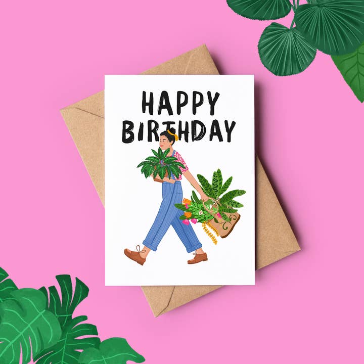 Miss Dungarees & Her Plants Birthday Card for wholesale by The Mundane Gift Shop
