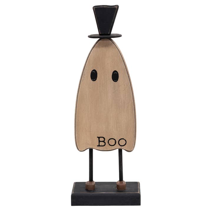 The Hearthside Collection - Wholesale Decorative Tabletop Object - Wooden Top Hat Boo Ghost on Base
