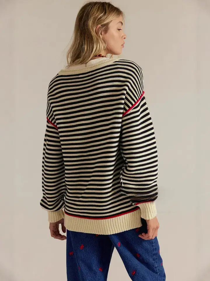 Lovesoft - Wholesale Knit Sweater - Women's - Striped Crewneck Knit Sweater with Contrast Trim1