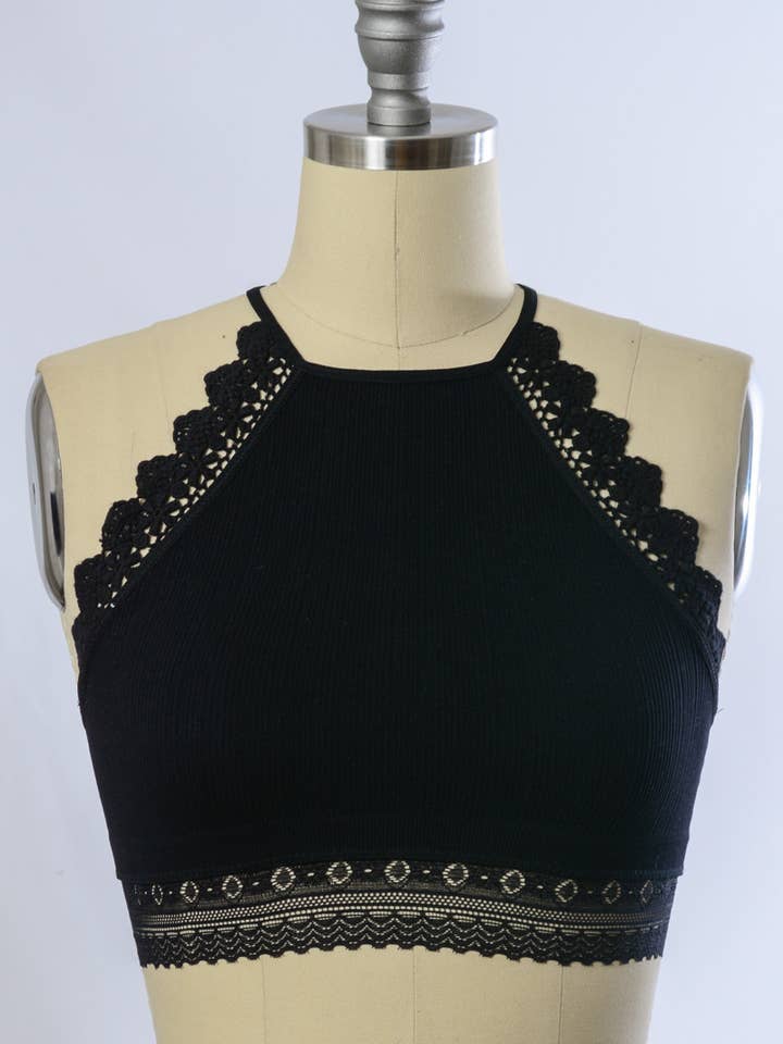 Leto Accessories - Wholesale Bralette - Women's - High Neck Crochet Lace Trim Bralette 😇2