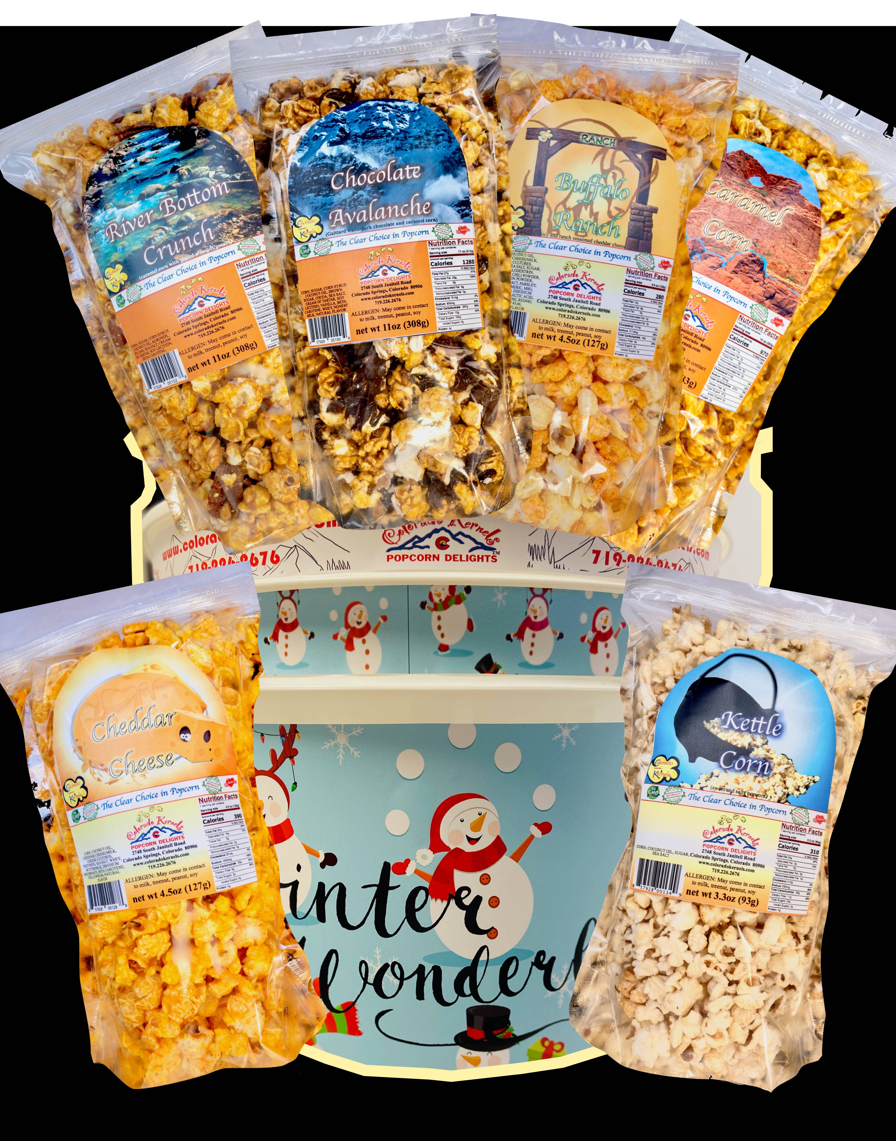 Colorado Kernels – wholesale Popcorn – Winter Wonderland Savory/Delight Popcorn Bucket0