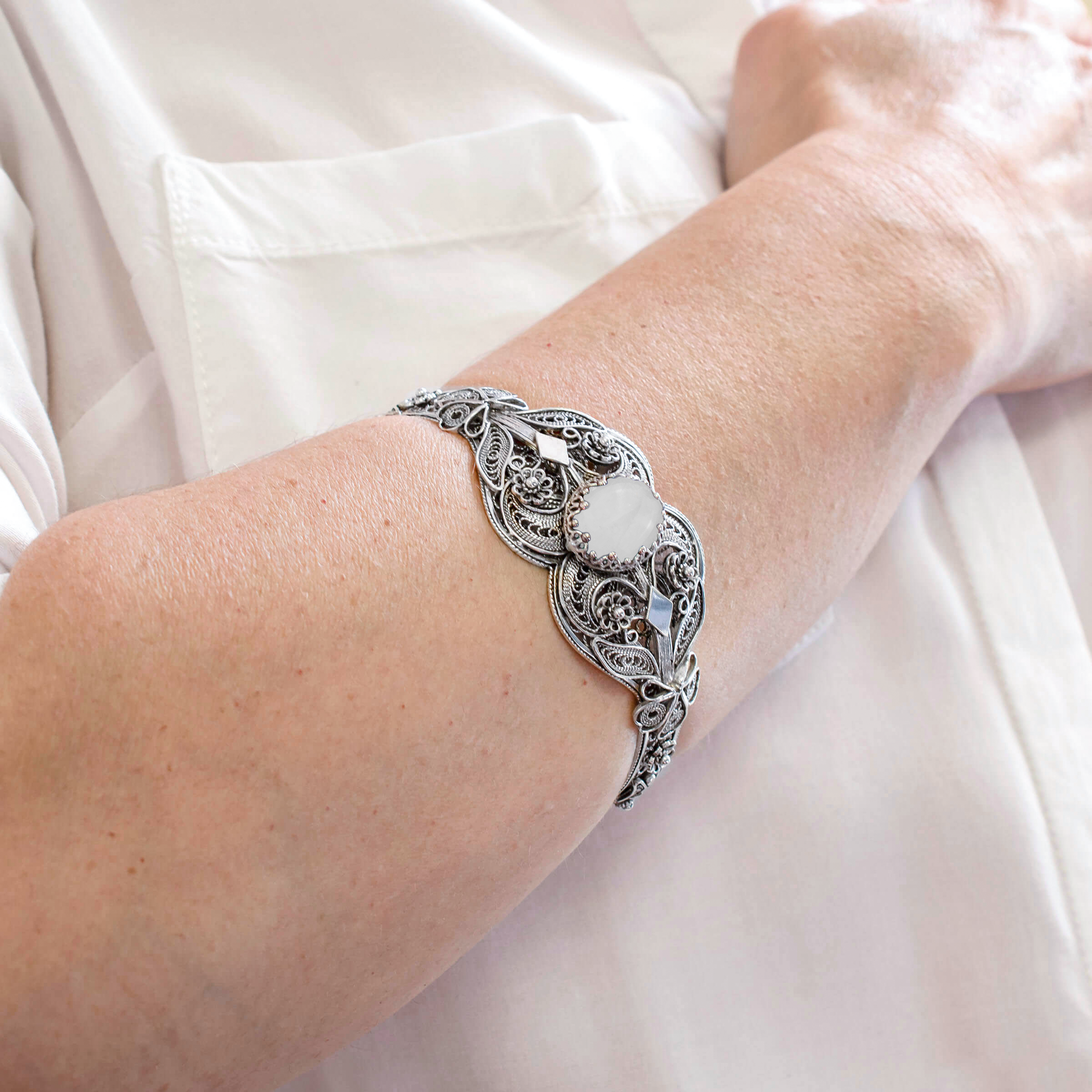 Filigranist Jewelry - Vendita all'ingrosso Bracciale a polsino - Bracciale rigido in argento sterling con madreperla artistica7