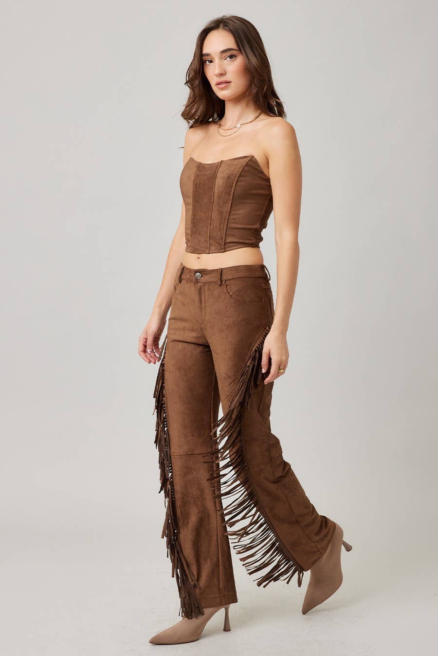 MOCHA Suede Fringed Pants for wholesale on Faire1