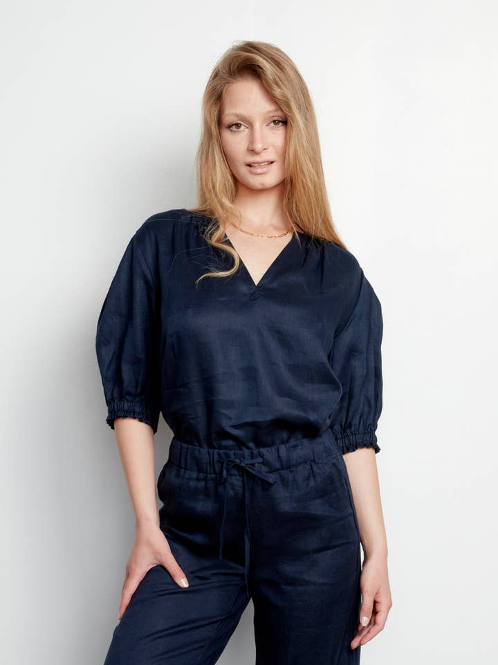 DEVON Top de Linho com Mangas Bufantes, 5 Cores por atacado de 4Our Dreamers