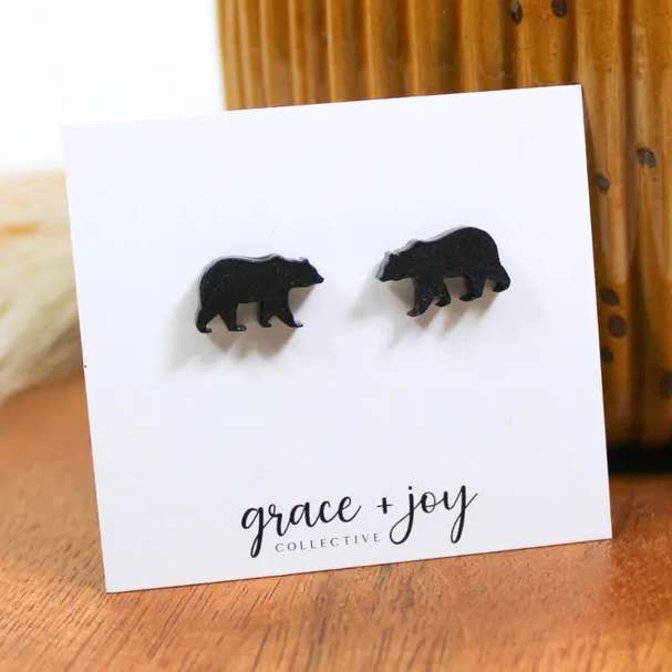 Black Bear Stud Earring, Acrylic Earrings    for wholesale by Grace + Joy Collective